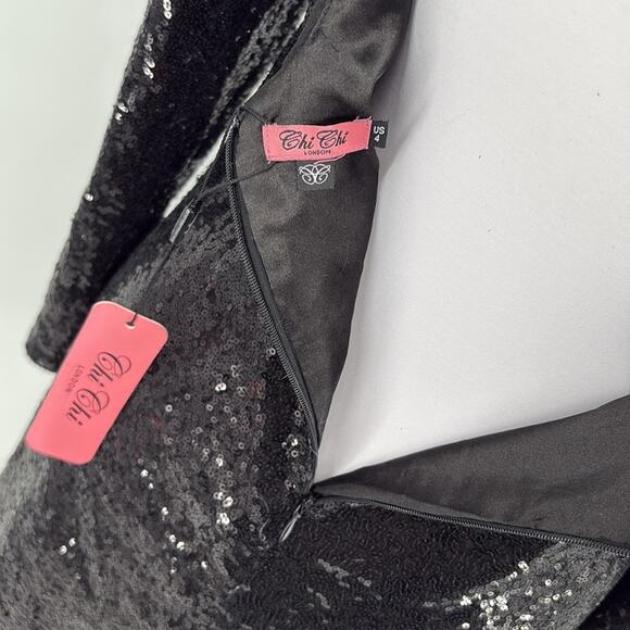 Chi Chi London Women’s Black Sequin Long Sleeve Mini Dress Stretch Size 4 New - Picture 6 of 13
